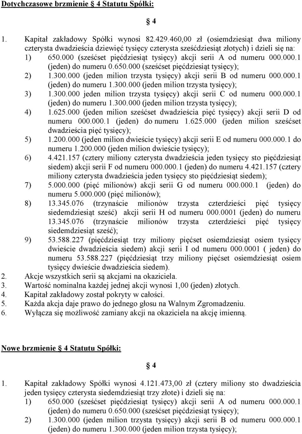 000.1 (jeden) do numeru 0.650.000 (sześćset pięćdziesiąt tysięcy); 2) 1.300.000 (jeden milion trzysta tysięcy) akcji serii B od numeru 000.000.1 3) 1.300.000 jeden milion trzysta tysięcy) akcji serii C od numeru 000.