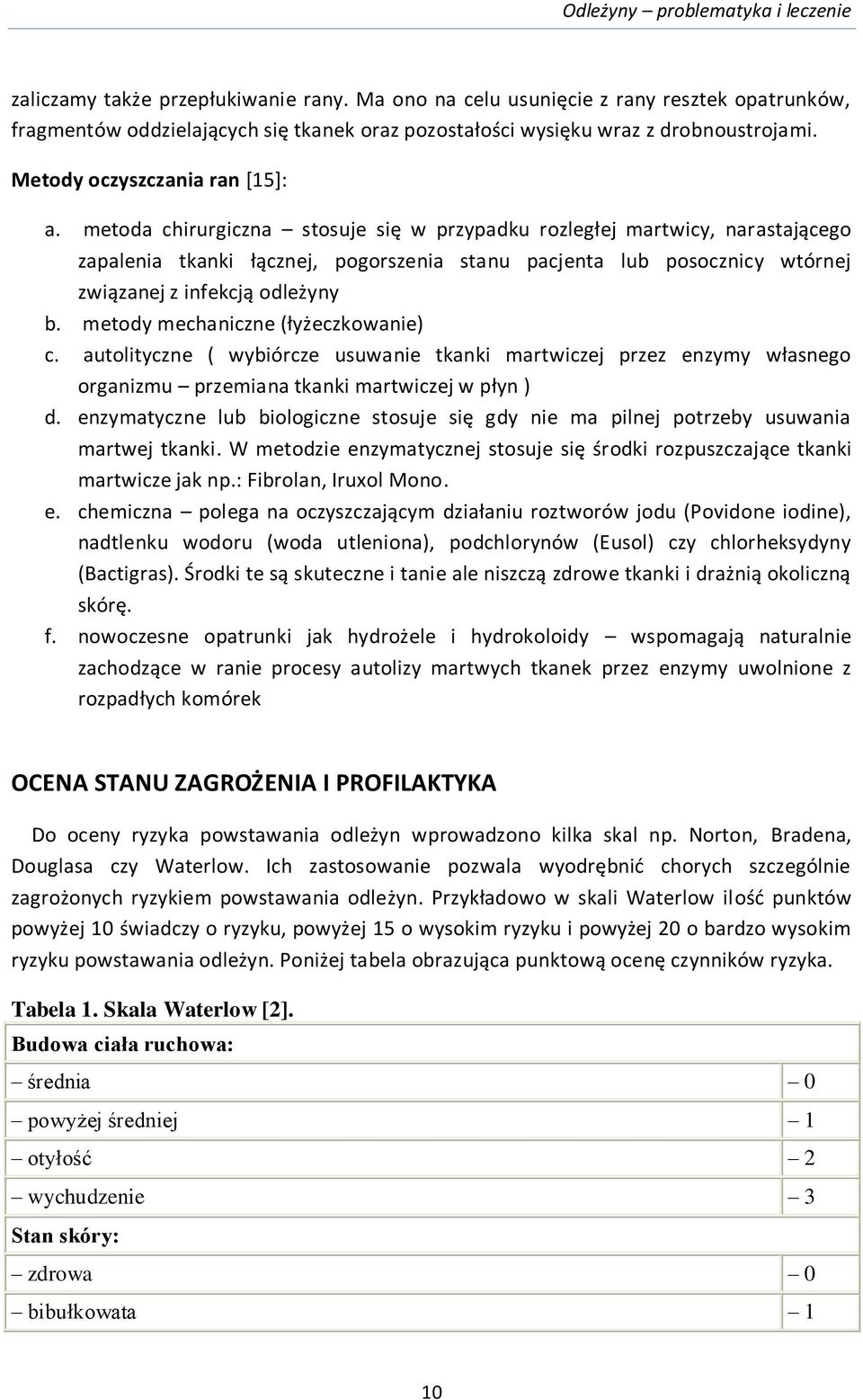 metoda chirurgiczna stosuje się w przypadku rozległej martwicy, narastającego zapalenia tkanki łącznej, pogorszenia stanu pacjenta lub posocznicy wtórnej związanej z infekcją odleżyny b.