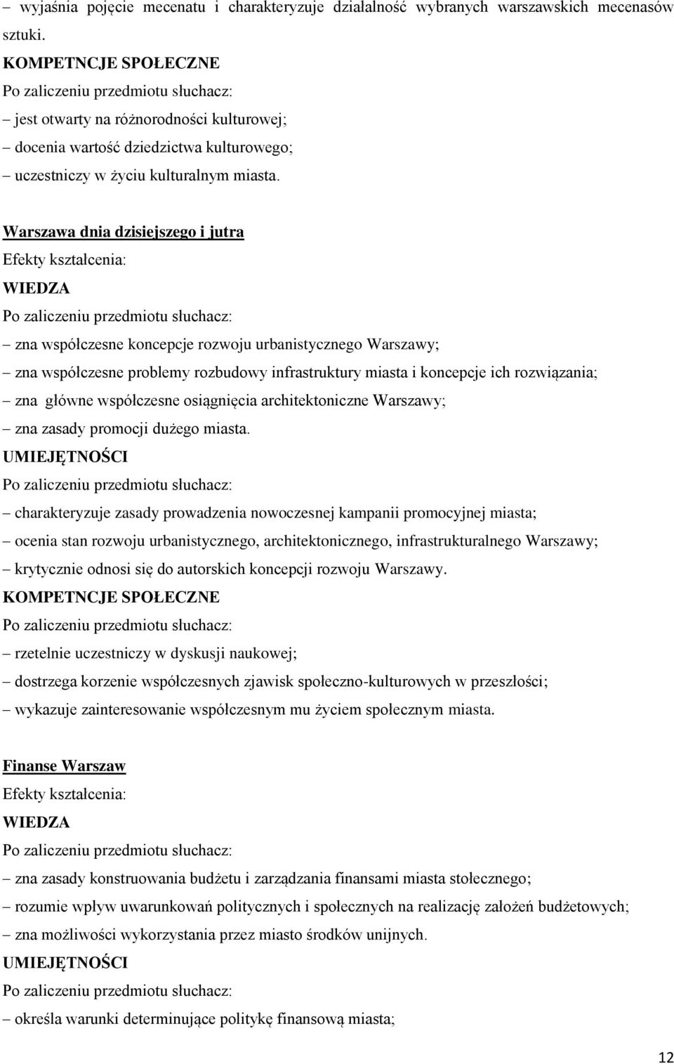 Warszawa dnia dzisiejszego i jutra zna współczesne koncepcje rozwoju urbanistycznego Warszawy; zna współczesne problemy rozbudowy infrastruktury miasta i koncepcje ich rozwiązania; zna główne