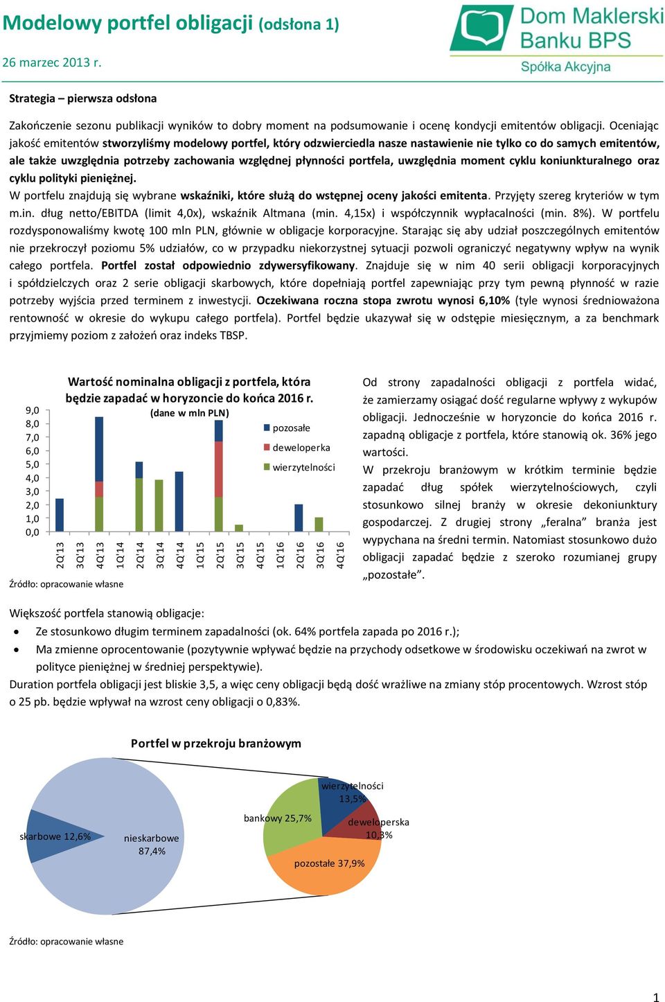 Oceniając jakośd emitentów stworzyliśmy modelowy portfel, który odzwierciedla nasze nastawienie nie tylko co do samych emitentów, ale także uwzględnia potrzeby zachowania względnej płynności