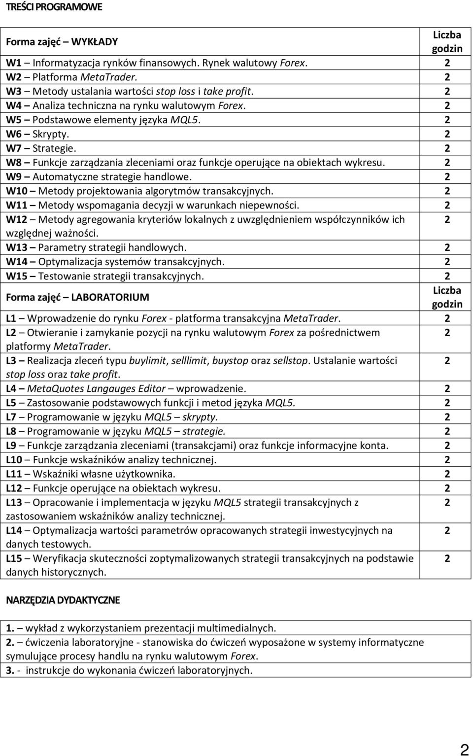 2 W9 Automatyczne strategie handlowe. 2 W10 Metody projektowania algorytmów transakcyjnych. 2 W11 Metody wspomagania decyzji w warunkach niepewności.