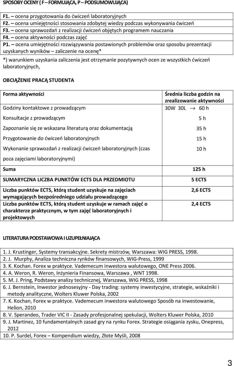 ocena umiejętności rozwiązywania postawionych problemów oraz sposobu prezentacji uzyskanych wyników zaliczenie na ocenę* *) warunkiem uzyskania zaliczenia jest otrzymanie pozytywnych ocen ze