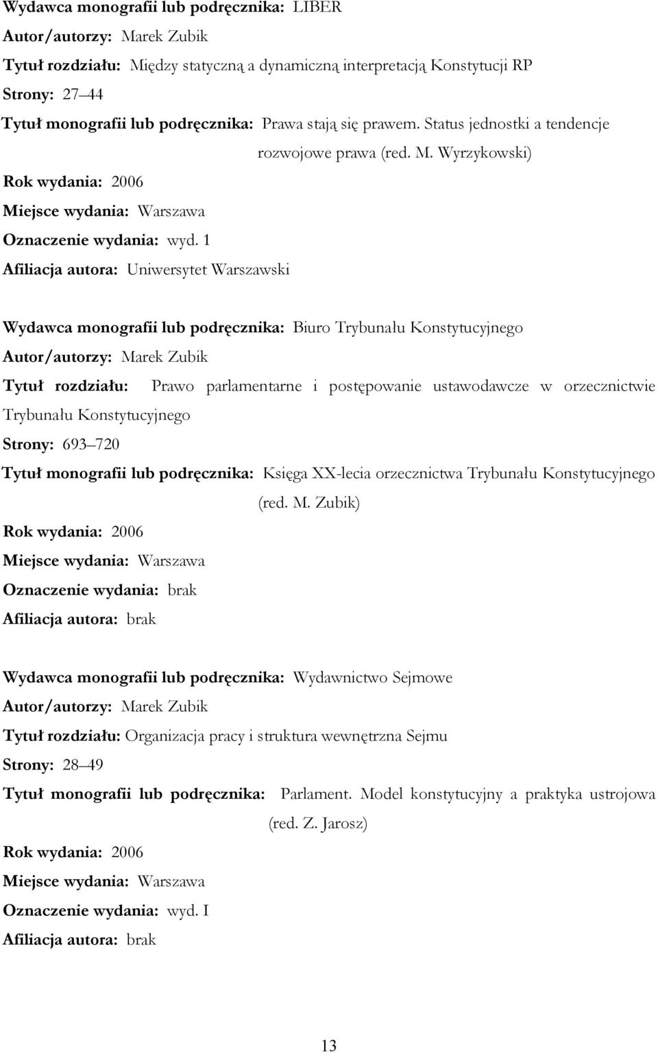 1 Wydawca monografii lub podręcznika: Biuro Trybunału Konstytucyjnego Autor/autorzy: Marek Zubik Tytuł rozdziału: Prawo parlamentarne i postępowanie ustawodawcze w orzecznictwie Trybunału
