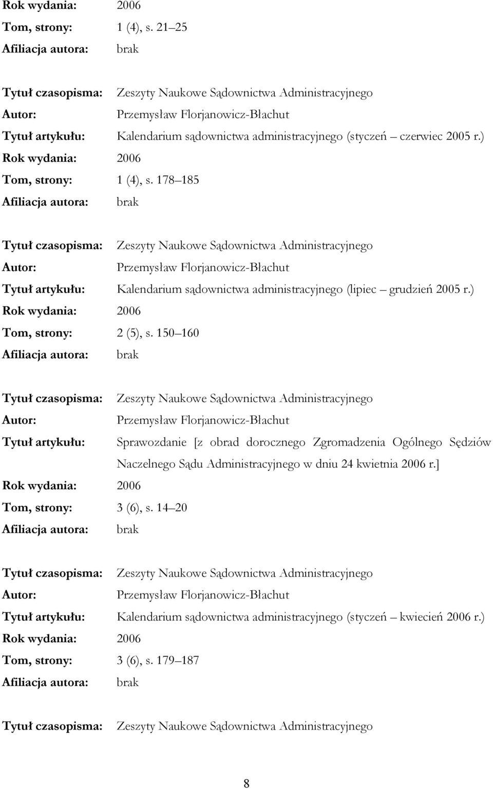 )  178 185 Tytuł czasopisma: Zeszyty Naukowe Sądownictwa Administracyjnego Przemysław Florjanowicz-Błachut Tytuł artykułu: Kalendarium sądownictwa administracyjnego (lipiec grudzień 2005 r.