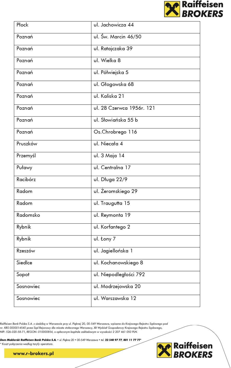 Niecała 4 Przemyśl ul. 3 Maja 14 Puławy ul. Centralna 17 Racibórz ul. Długa 22/9 Radom ul. Żeromskiego 29 Radom ul. Traugutta 15 Radomsko ul.