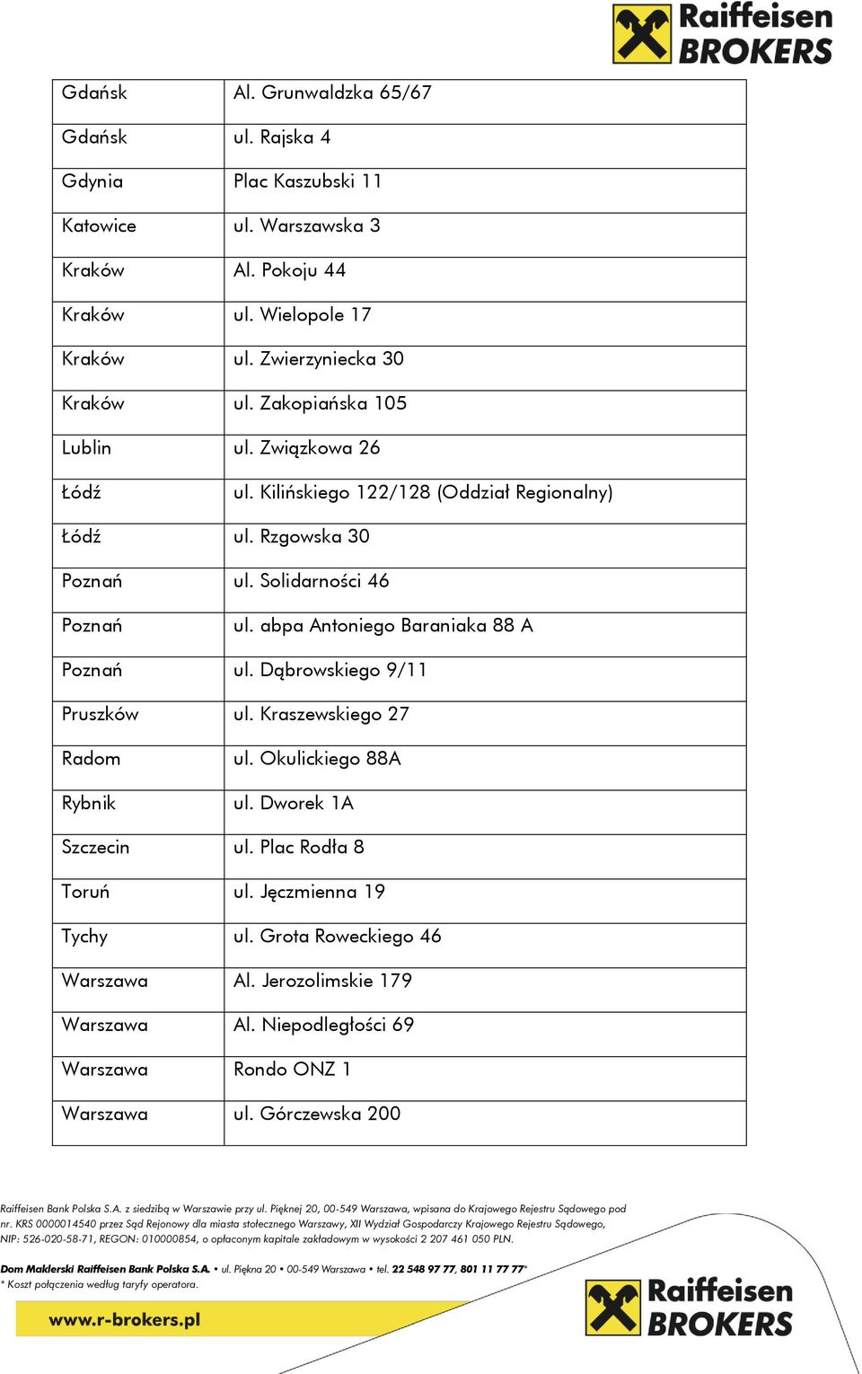 Solidarności 46 Poznań ul. abpa Antoniego Baraniaka 88 A Poznań ul. Dąbrowskiego 9/11 Pruszków ul. Kraszewskiego 27 Radom Rybnik ul. Okulickiego 88A ul.
