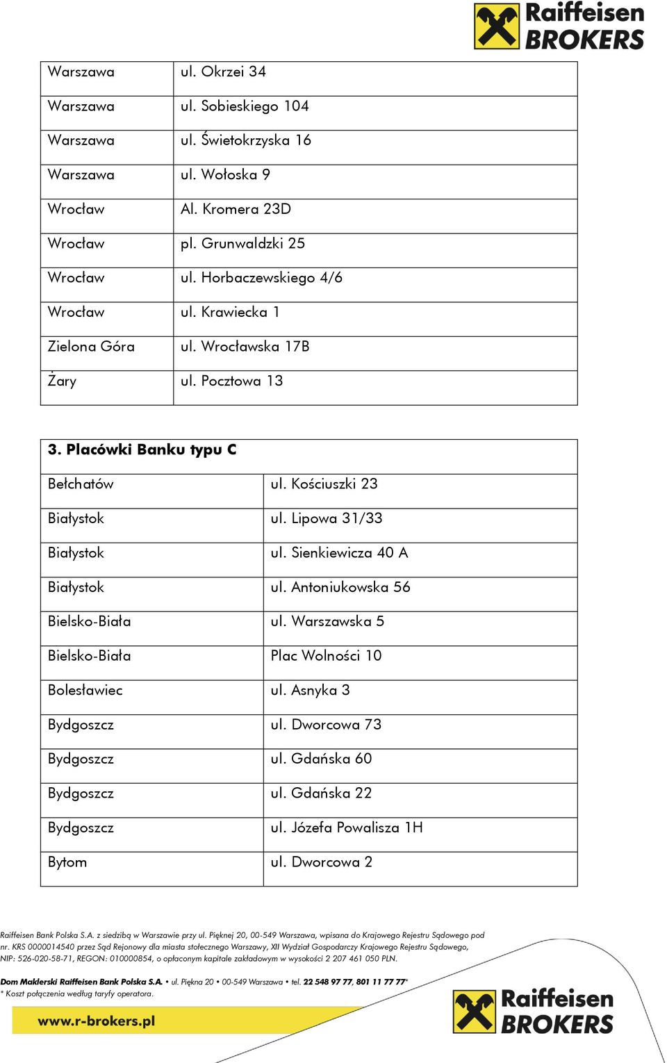 Placówki Banku typu C Bełchatów ul. Kościuszki 23 Białystok ul. Lipowa 31/33 Białystok ul. Sienkiewicza 40 A Białystok ul. Antoniukowska 56 Bielsko-Biała ul.