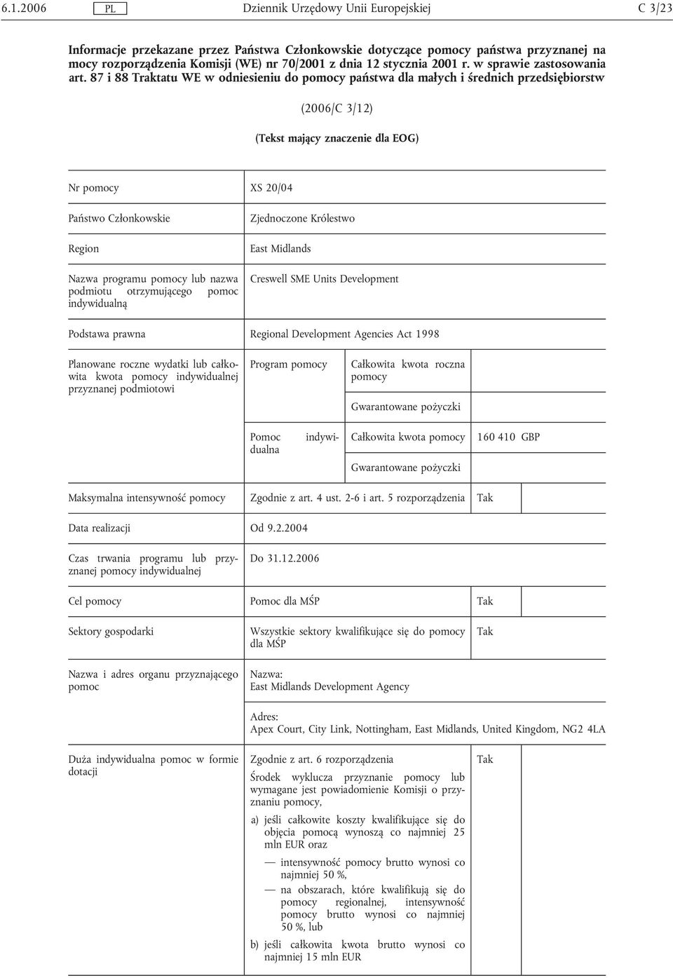 Zjednoczone Królestwo East Midlands Creswell SME Units Development al Development Agencies Act 1998 Planowane roczne wydatki całkowita kwota y indywidualnej Program y y Całkowita kwota y 160 410 GBP