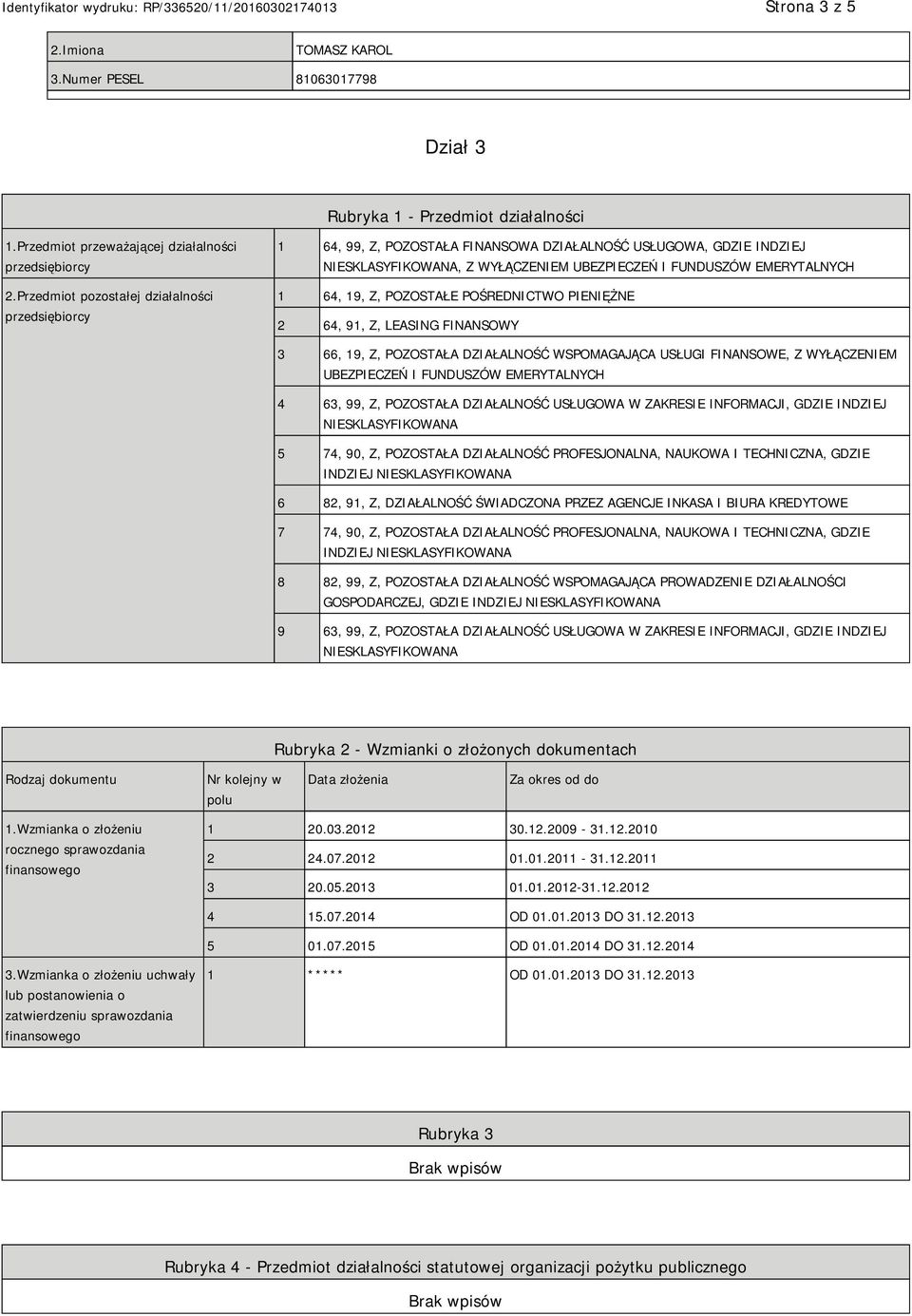 POŚREDNICTWO PIENIĘŻNE 2 64, 91, Z, LEASING FINANSOWY 3 66, 19, Z, POZOSTAŁA DZIAŁALNOŚĆ WSPOMAGAJĄCA USŁUGI FINANSOWE, Z WYŁĄCZENIEM UBEZPIECZEŃ I FUNDUSZÓW EMERYTALNYCH 4 63, 99, Z, POZOSTAŁA