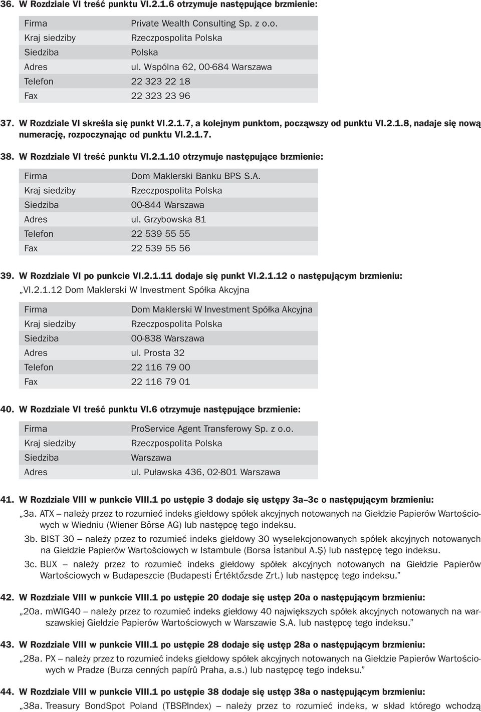 A. 00-844 Warszawa ul. Grzybowska 81 Telefon 22 539 55 55 Fax 22 539 55 56 39. W Rozdziale VI po punkcie VI.2.1.11 dodaje się punkt VI.2.1.12 o następującym brzmieniu: VI.2.1.12 Dom Maklerski W Investment Spółka Akcyjna Dom Maklerski W Investment Spółka Akcyjna 00-838 Warszawa ul.
