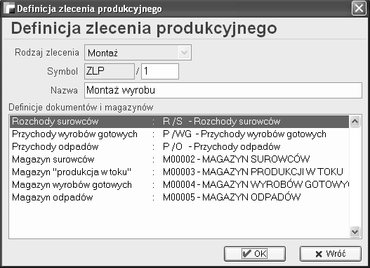 Program w procesie produkcji może obsługiwać następujące rodzaje dokumentów: rozchody surowców, przychody wyrobów gotowych, przychody odpadów oraz podczas demontażu: przychody surowców, rozchody