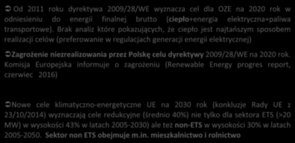 Kierunki zmian prawa UE w zakresie zielonego ciepła Problemy i uwarunkowania związane z wdrażaniem przepisów UE dotyczących ciepła z OZE: Od 2011 roku dyrektywa 2009/28/WE wyznacza cel dla OZE na