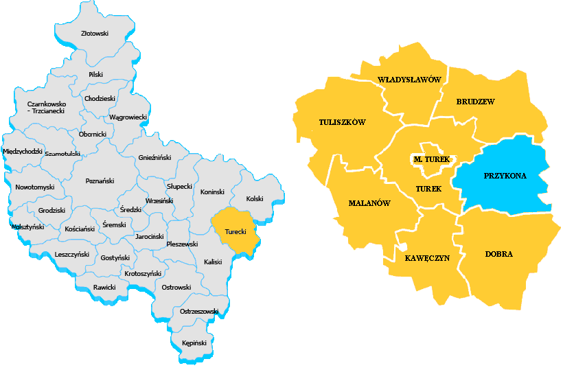 1.4 Charakterystyka Gminy Przykona 1.4.1 Lokalizacja Gmina wiejska Przykona leży we wschodniej części województwa wielkopolskiego, w południowo wschodniej części powiatu Turkowskiego.
