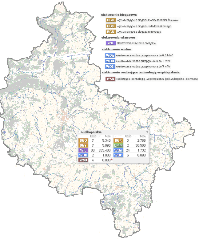 Ilość i moc większych instalacji odnawialnych źródeł energii na terenie województwa wielkopolskiego opracowanej przez Urząd Regulacji Energetyki jest następująca: Rys.