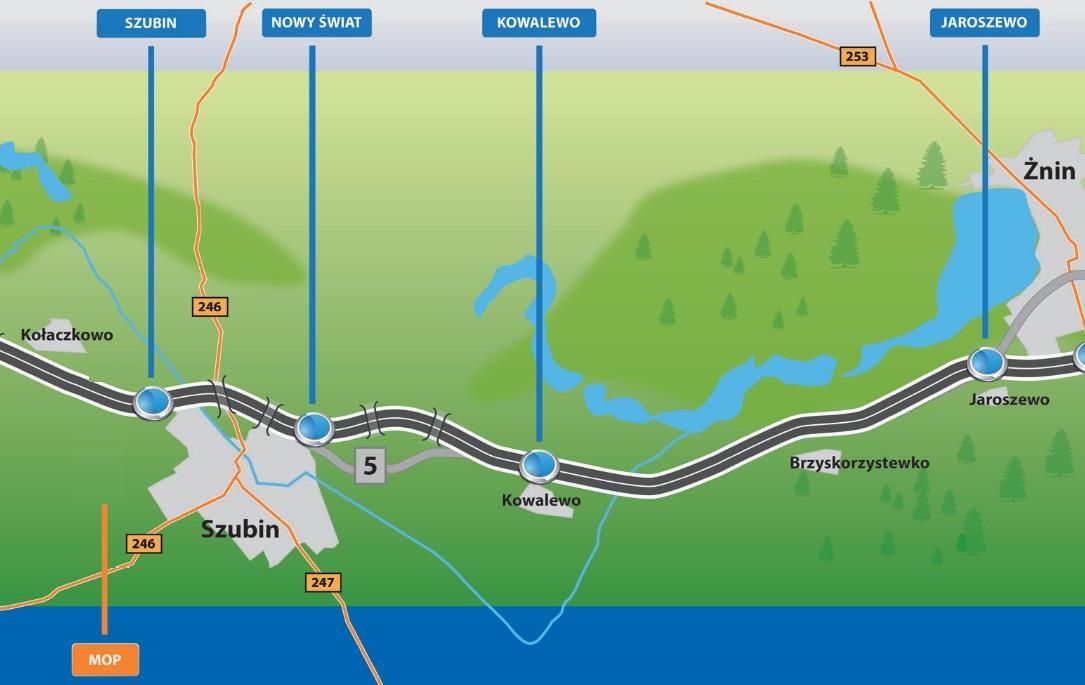 Docelowa sieć autostrad i dróg ekspresowych Nieopodal Szubina biegnie międzynarodowa trasy nr 5 (E261) prowadzącej z Gdańska przez Bydgoszcz, Poznań