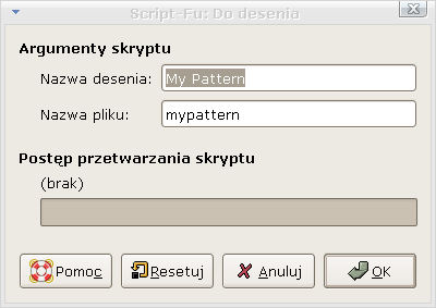 Z menu górnego wybieramy "Script-Fu->Zaznaczenie->Do desenia": Wpisujemy nazwę dla patternu, np. "3x3", "3 na ukos" itd. Potwierdzamy stworzenie.