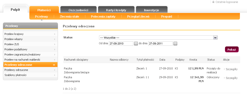 Dodatkowe opcje W szczegółach paczki Klient może wybrać: Usuń paczkę dzięki czemu wszystkie zlecenia i sama paczka zostaną trwale usunięte z systemu. Nie można usunąć paczki wysłanej do banku.