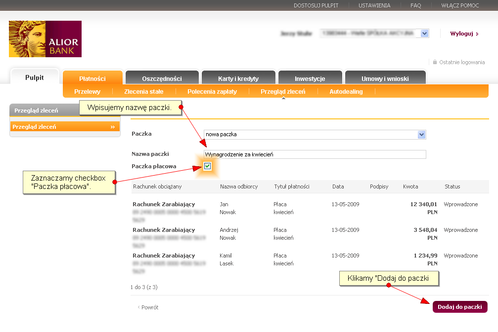 Krok 3a. Tworzenie nowej paczki/paczki płacowej. System wyświetli transakcje, jakie dodajemy do paczki.