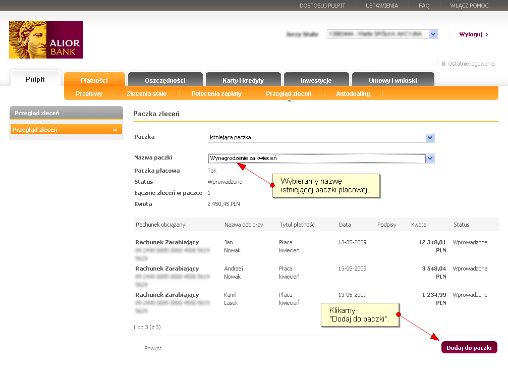 Krok 3b. Dodawanie zleceń do istniejącej paczki/paczki płacowej.
