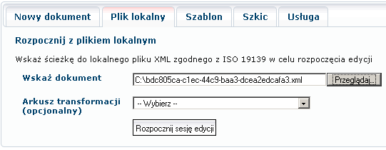 4.1.3 Użycie szablonu do utworzenia dokumentu Możliwe jest utworzenie i opublikowanie metadanych na podstawie utworzonych wcześniej wzorców (pliki XML).