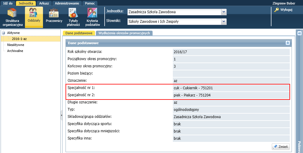 Arkusz. Jak opisać w arkuszu plan nauczania oddziału wielospecjalnościowego? 2/6 7. Kliknij przycisk Zapisz. Wprowadzanie planu nauczania oddziału 1. Otwórz opracowywany arkusz. 2. Przejdź do widoku Arkusz/ Oddziały i w drzewie danych wybierz oddział.