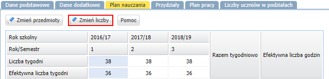 Arkusz. Jak opisać w arkuszu plan nauczania oddziału wielospecjalnościowego? 5/6 10. Wprowadź liczby godzin do planu nauczania. Kliknij przycisk Zmień liczby.