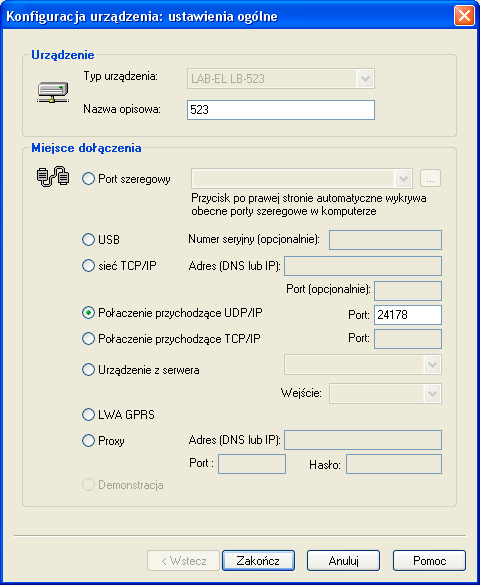 Wejście do konfiguracji ustawień WiFi i serwera. Konfiguracja wymiany danych za pośrednictwem serwera proxy.