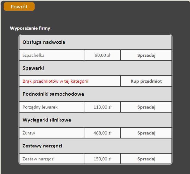 3. Klikając w nawigacji na przycisk wyposażenie przejdziesz do wyposażenia firmy. Tutaj wyświetlą się sprzęt, który posiadasz.