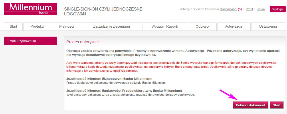 5. Po zatwierdzeniu operacji zostaniemy poproszeni o pobranie dokumentu zawierającego zmianę danych osobowych w tym zmianę numeru telefonu.