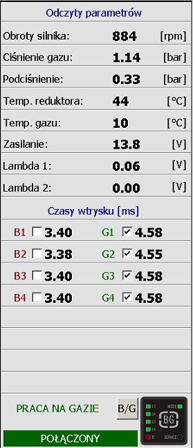 3.9. Okno odczytów Obroty silnika aktualne obroty silnika Ciśnienie gazu ciśnienie różnicowe w układzie zasilania listwy wtryskiwaczy Podciśnienie podciśnienie panujące w kolektorze ssącym silnika