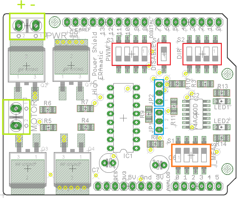 Kolor czerwony: - selektory (dip-switch) do wyboru sygnałów sterowania: PWM sygnał wypełnienia prędkości (do wyboru PIN: 8,9,10,11) DISABLE sygnał sterowania włączeniem/wyłączeniem całego mostka