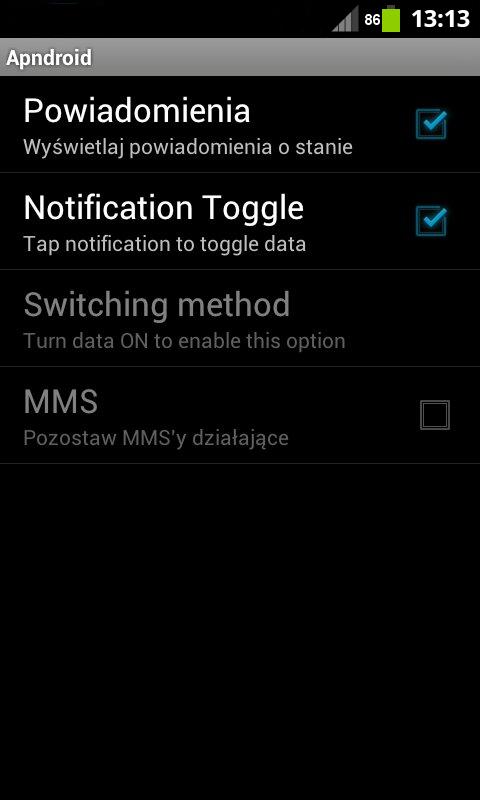 APNDROID 2/3 Powiadomienia wyświetla ikonę stanu na pasku statusu.