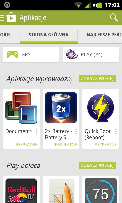 GOOGLE PLAY 2/9 Po uruchomieniu aplikacji widzimy stronę główną sklepu z miniaturami aplikacji do pobrania.