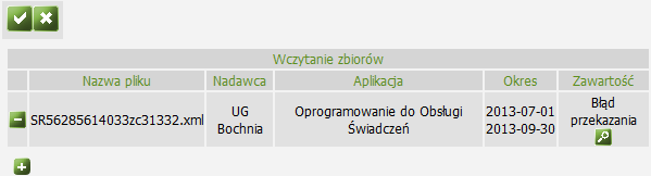 Aby zobaczyć szczegóły błędu, wybieramy w kolumnie "Zawartość" ikonę. Zbiór centralny z błędem przekazania nie zostanie wczytany do aplikacji CAS.
