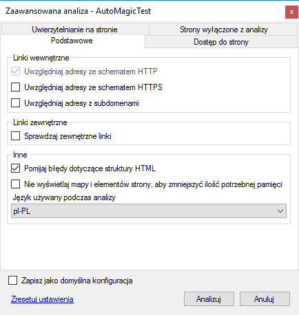 4. Opcje zaawansowane 4.1 Zaawansowana analiza Rys. 5. Okno zmiany ustawień konfiguracji analizy.