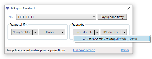 5 Konwersja arkuszy Excel do formatu JPK Program pozwala na przekształcenie (konwersję) arkuszy Microsoft Excel (.xlsx lub.xls) opartych o wbudowane szablony do formatu dostosowanego do wymagań JPK.