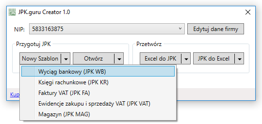3 Utworzenie szablonu pliku JPK Program pozwala na wygenerowanie szablonów arkuszy Microsoft Excel (.xlsx lub.xls) dostosowanych do wymagań formatu JPK.