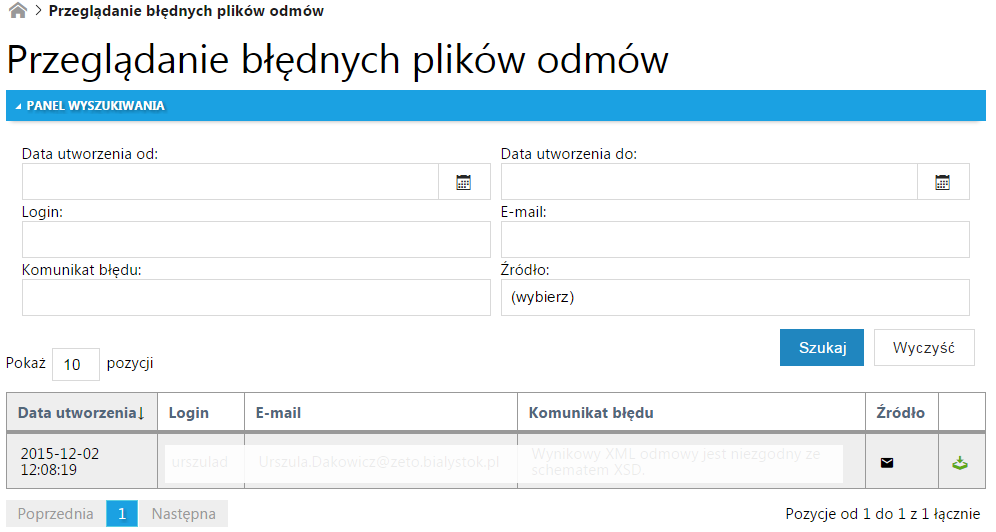 Dokumentacja użytkowa systemu ZORZ Strona 38 z 39 Listę błędnych odmów można sortować po następujących kolumnach: Data utworzenia, Login, E- mail, Komunikat