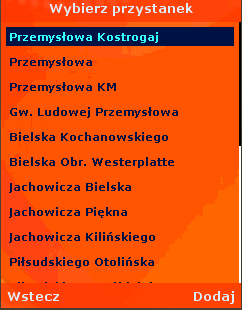 Po wybraniu i zatwierdzeniu kierunku wyświetli się lista wszystkich przystanków, występujących na trasie tej linii. Następnie należy wybrać przystanek, na którym chcemy wsiąść.