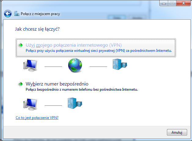 4. Klikamy dalej, aby w drugim oknie kreatora wybrać opcję: Użyj mojego połączenie internetowego (VPN) i klikamy dalej. (Select option: Connect with network in my work). 5.