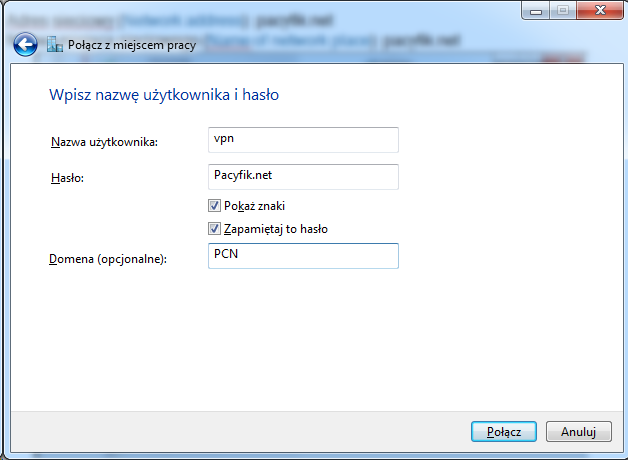 6. W kolejny oknie wpisujemy dane logowania.(in next screen wizard use these logon settings): Nazwa użytkownika (user name): vpn Hasło (password): Pacyfik.