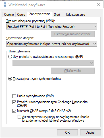 8. Klikamy na opcję Zmień ustawienia karty sieciowej. 9. Odszukujemy połączenie Pacyfik.net, z menu podręcznego wybieramy Właściwości > Zabezpieczenia.