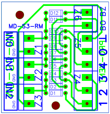 6.8. WIDOK PŁYTKI SIŁOWNIKA /PD-M12/ INFORMACJE OGÓLNE Zastosowanie: zamiana sygnału sterującego 0/12V DC (załącz/wyłącz) na sygnał sterujący +/- 12VDC (zmiana biegunowości napięcia).