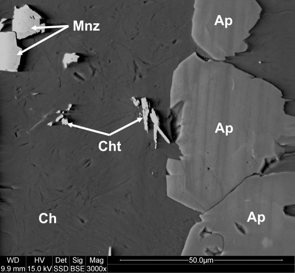 Fig. 5.8.15. Obrazy BSE przedstawiające apatyt (Ap) monacyt (Mnz) i cheralit (Cht) tkwiące w masie chlorytowej (Ch) oraz widma EDS monacytu i cheralitu. 5.9.