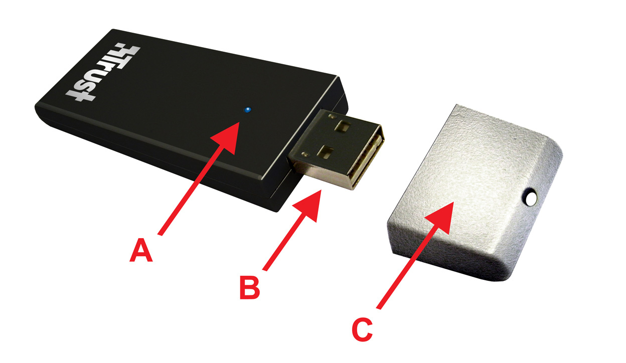 Informacje na temat produktu A: Kontrolka zasilania/połączenia (Połączenie: kontrolka świeci/miga) B: Złącze USB.0 C: Osłona Instalacja Włączyć Uruchomić komputer.