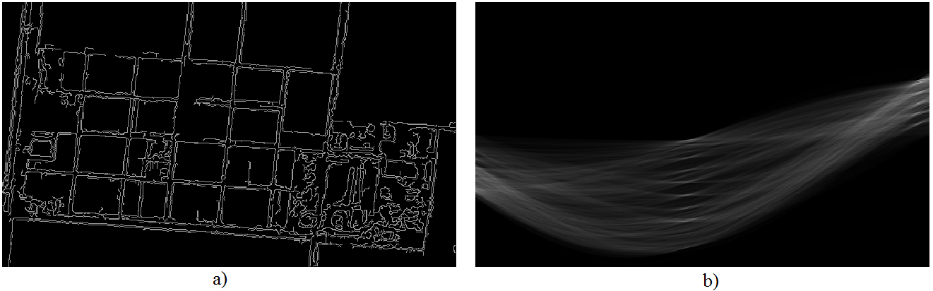 Rysunek 4.12 (a) krawędzie wykryte w obrazie; (b) obliczony akumulator Kolejnym etapem jest znalezienie w akumulatorze lokalnych maksimów.