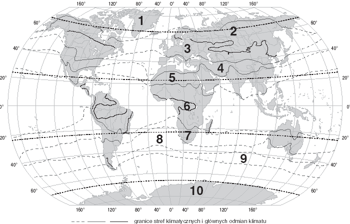 A. Wpisz nazwy stref klimatycznych oznaczonych numerami 2, 4 i 7. 1 p. Strefa 2.:. Strefa 4:.. Strefa 7:.. B.