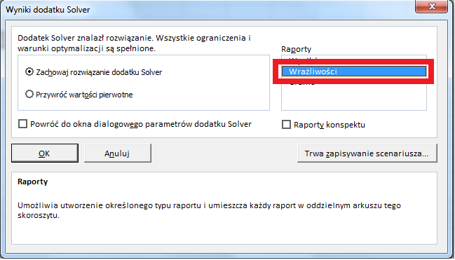 Po zaimplementowaniu modelu (programu) do arkusza kalkulacyjnego, należy go rozwiązać z wykorzystaniem dodatku Solver. Odp1.