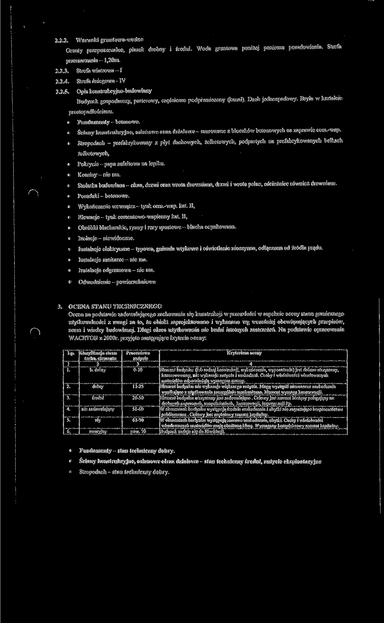 2.2.2. Warunki gruntowo-wodne Grunty przepuszczalne, piasek drobny i średni. Woda gruntowa poniżej poziomu posadowienia. Strefa przemarzania- l,20m. 2.2.3. Strefa wiatrowa -1 2.2.4.