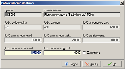 Potwierdzanie ilości Aby wejść w okno potwierdzania ilości w oknie przeglądu zamówień do dostawców ustawiamy się na danym zamówieniu i z menu wybieramy Narzędzia Potwierdzanie dostaw.